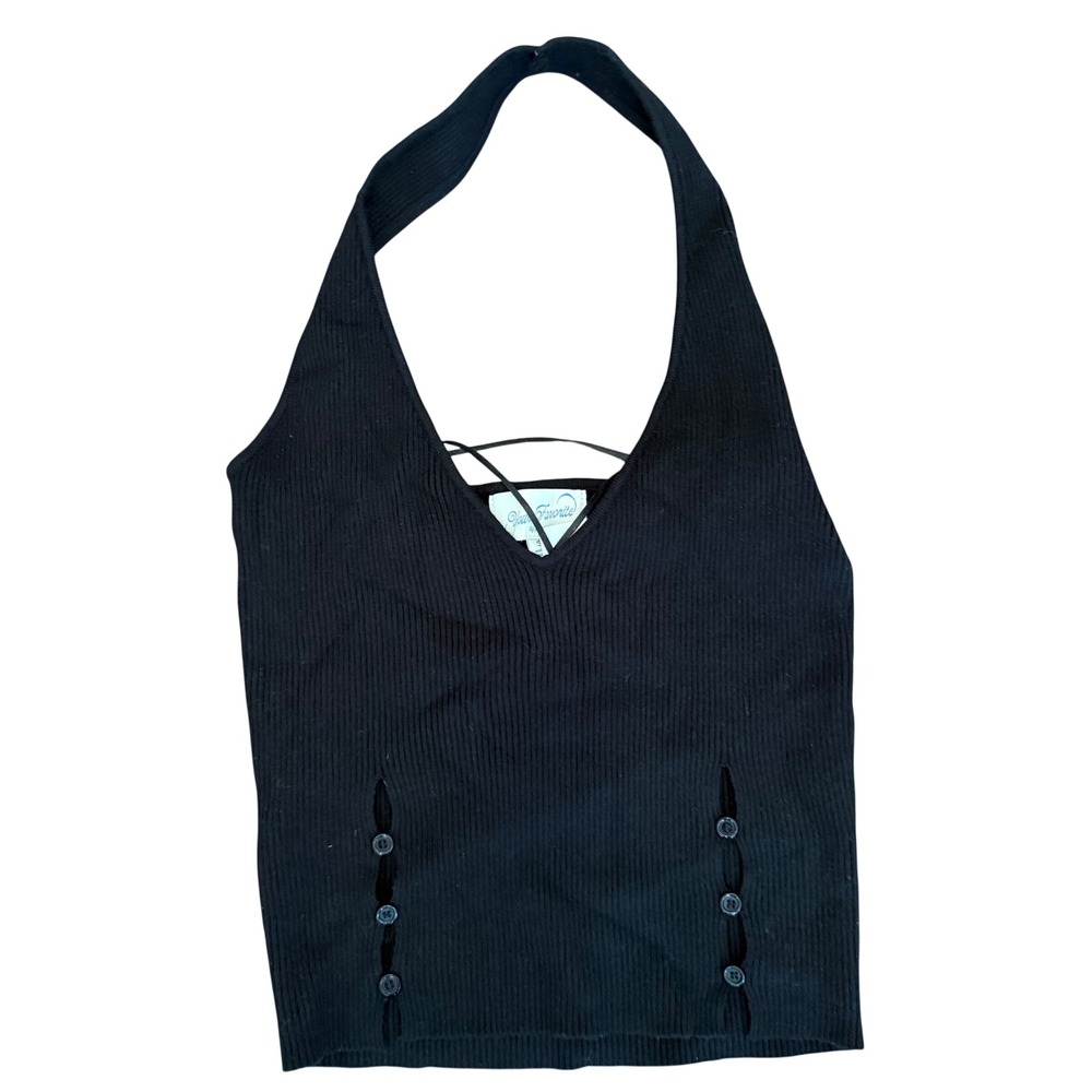 Your Favorite by PacSun Black Rib Knit Crop Halter Top Side Button Slit Size S